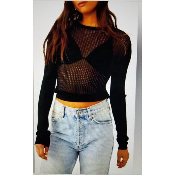 Free People H2O Crew Pullover Open Weave Knit Crop Top Black Size M - Picture 1 of 11
